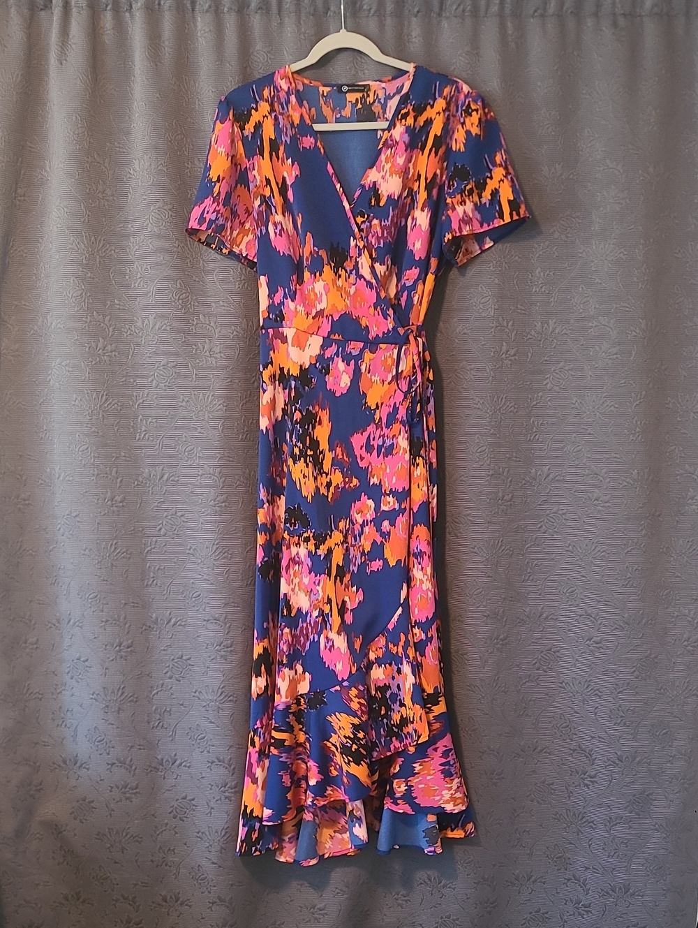 Vibrant Navy Floral Wrap Maxi Dress with Pink & Orange Accents, Large